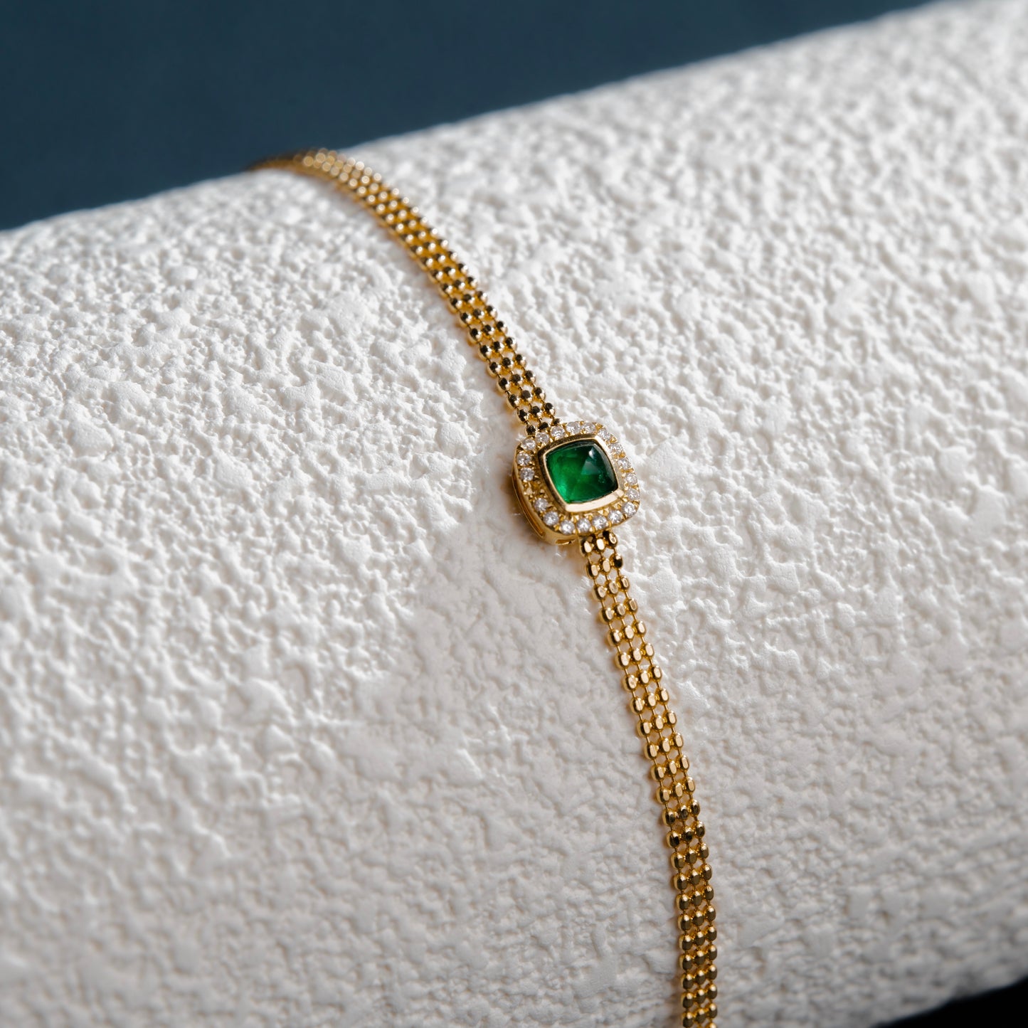 Emerald Diamond Bracelet - Sugar Tower Shaped Three Row Gold Bead