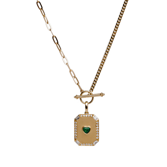 Emerald Diamond Necklace - Love Plaque Double Buckle