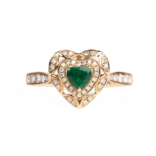 Emerald Diamond Ring - Hollow Carved Baroque Heart