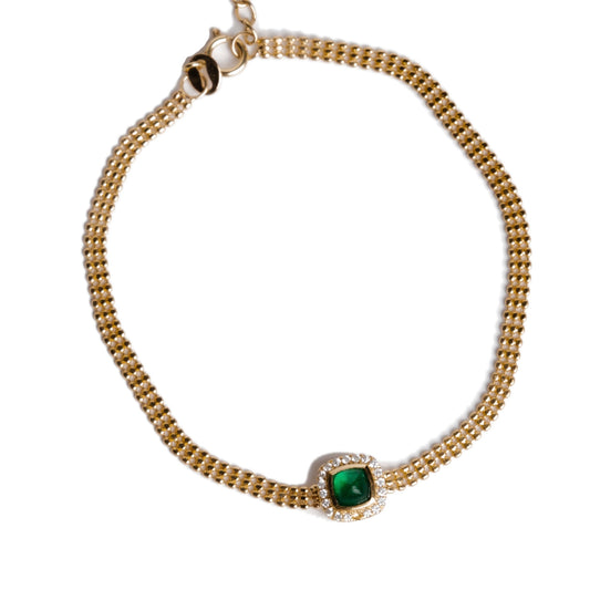 Emerald Diamond Bracelet - Sugar Tower Shaped Three Row Gold Bead